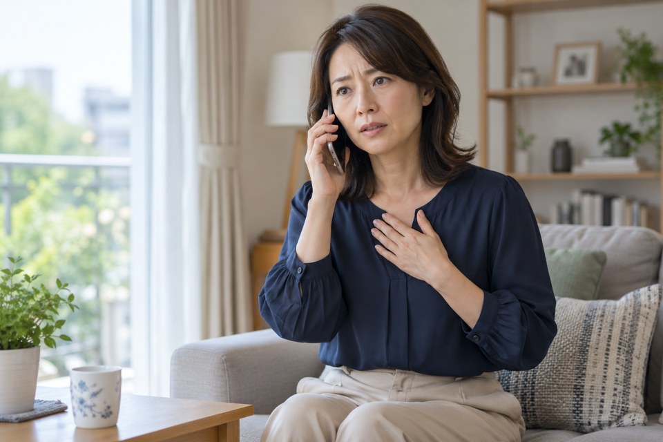 自宅で胸にそっと手を添え、電話で連絡している女性