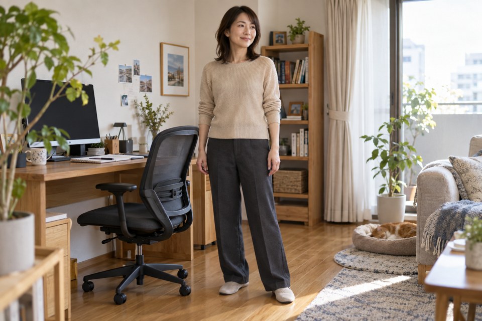 デスク作業の合間に椅子の横で立って休憩する女性