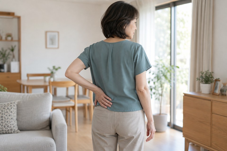 腰の高さに片手をそっと回して立つ女性