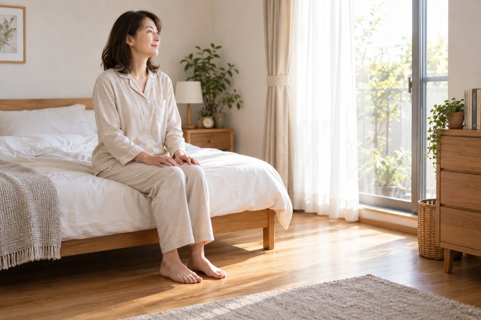 朝の寝室でベッドの端に座り、両足を床につけている女性