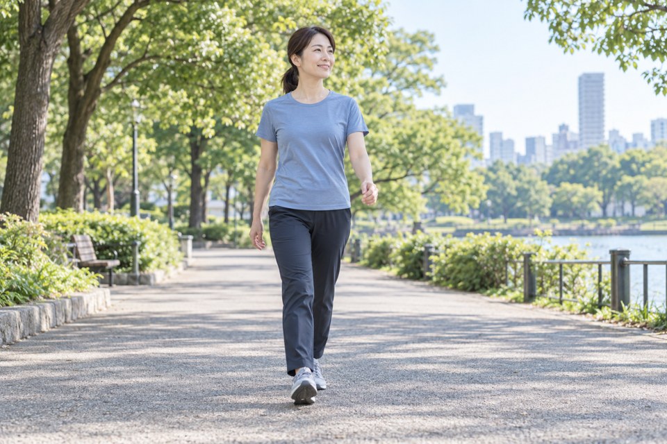 平らな公園の道を自然な歩幅で歩く女性