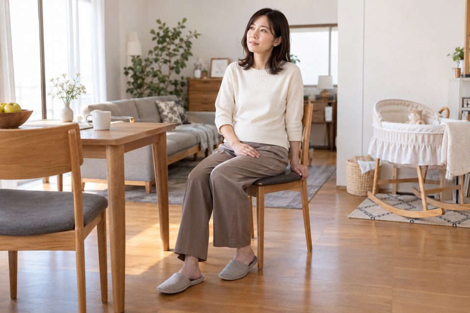 足を床につけて椅子に座り、太ももに手を添えて休む女性
