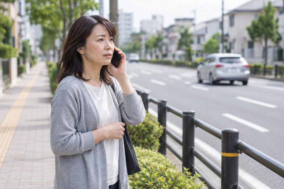 車道から離れた歩道でスマートフォンを使って連絡する女性