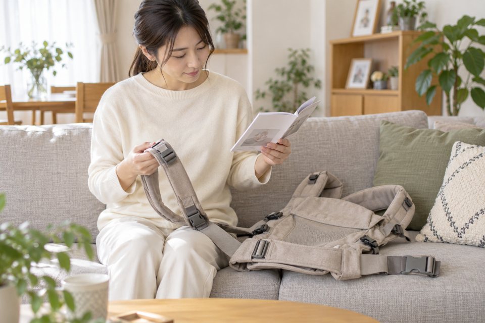 抱っこ紐のベルトと説明書を確認する女性