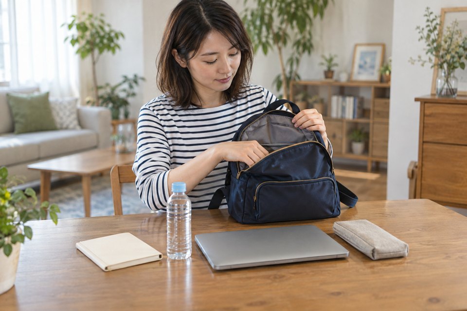机の上にリュックと荷物を広げ、中身を見直す女性