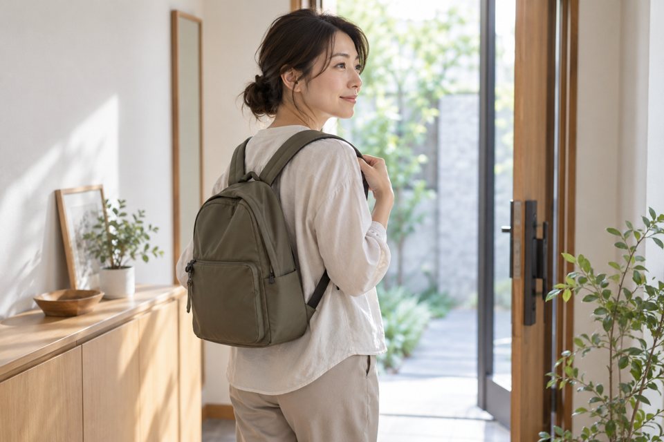 両肩にリュックを背負い、肩ひもの長さを確かめる女性