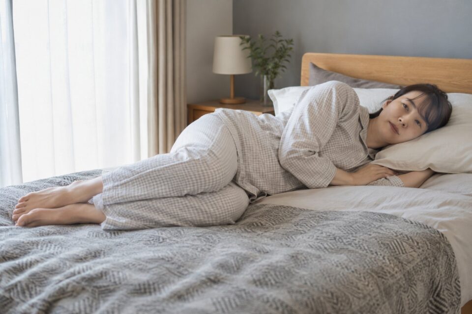 ベッドで枕に頭を置き、膝を軽く曲げて横向きに休む女性