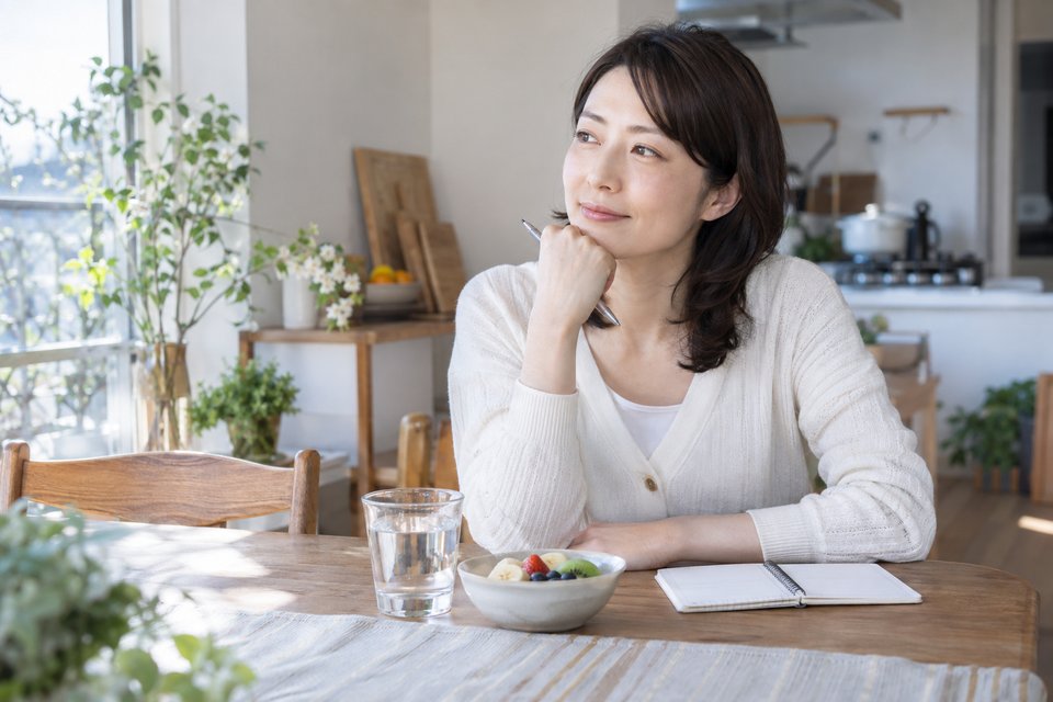 水と果物を置いたテーブルで生活習慣を振り返る女性