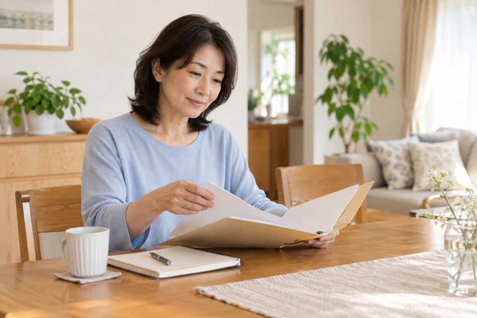 首の診察で受け取った資料を確認する女性