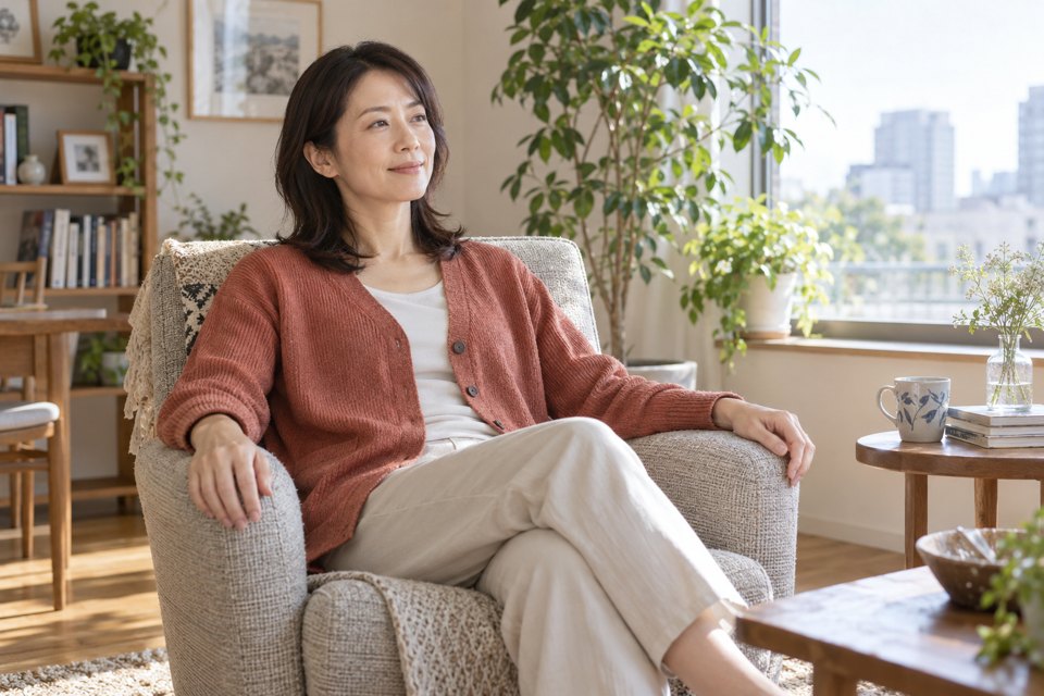 肘掛け椅子にゆったり座り、腕を支えて休む女性