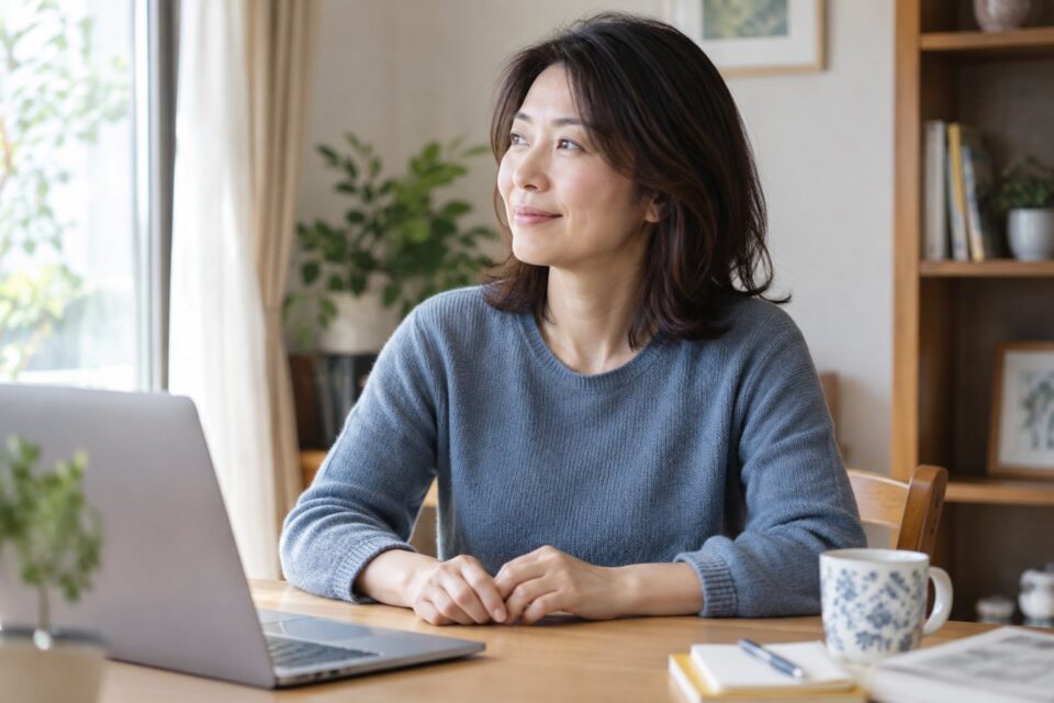 机の前に座り、クッションと机で前腕を支えて休む女性
