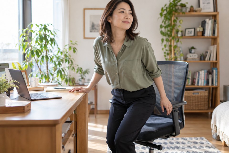 デスクワークの合間に椅子から立ち上がる女性