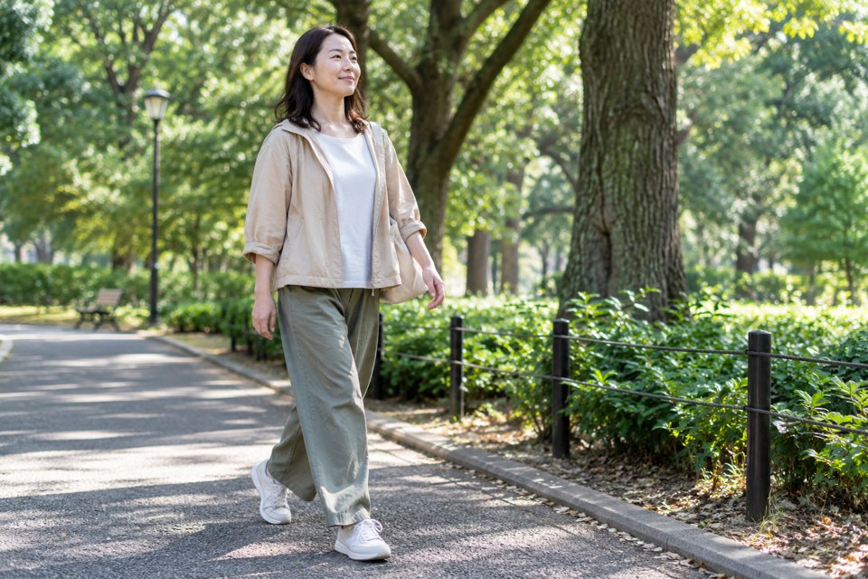木々のある公園の道を、普段着とスニーカーで歩く女性