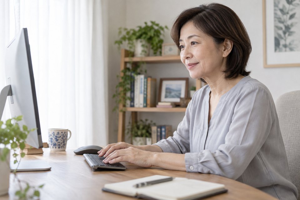 机に前腕を支え、近くのキーボードを操作する女性