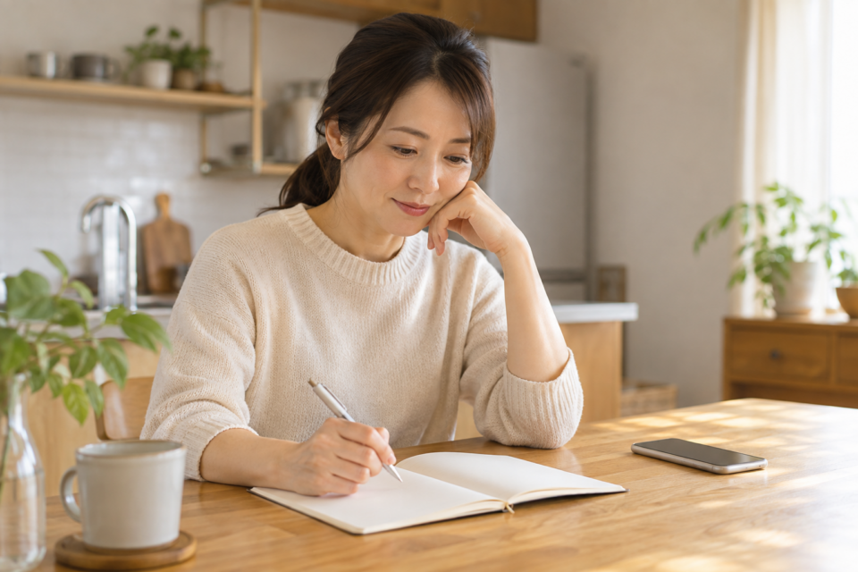 頭痛と薬の使用状況をノートに記録する女性