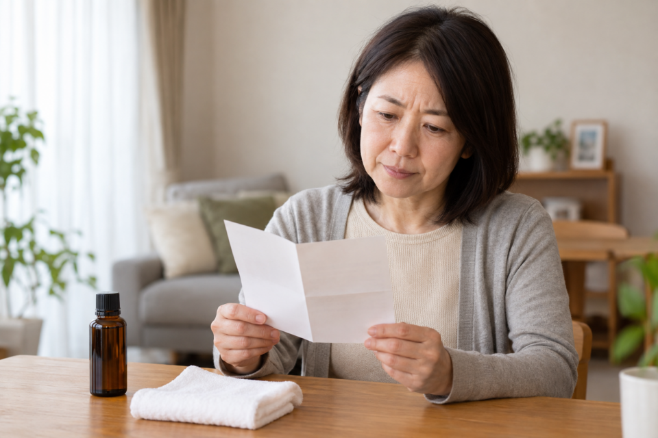 オイルの情報と説明書を確認する場面
