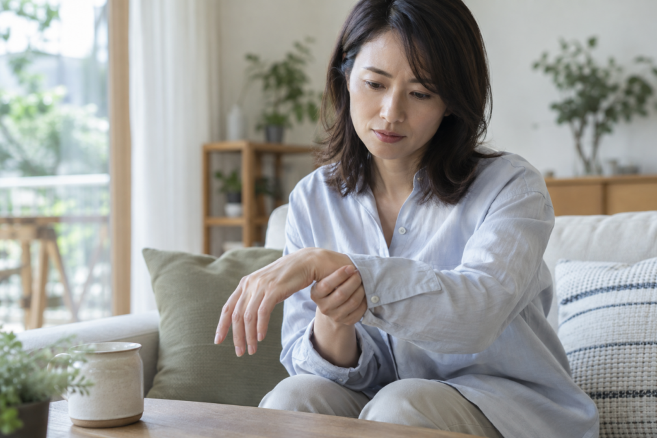 手や袖まわりの普段との違いに気づく場面