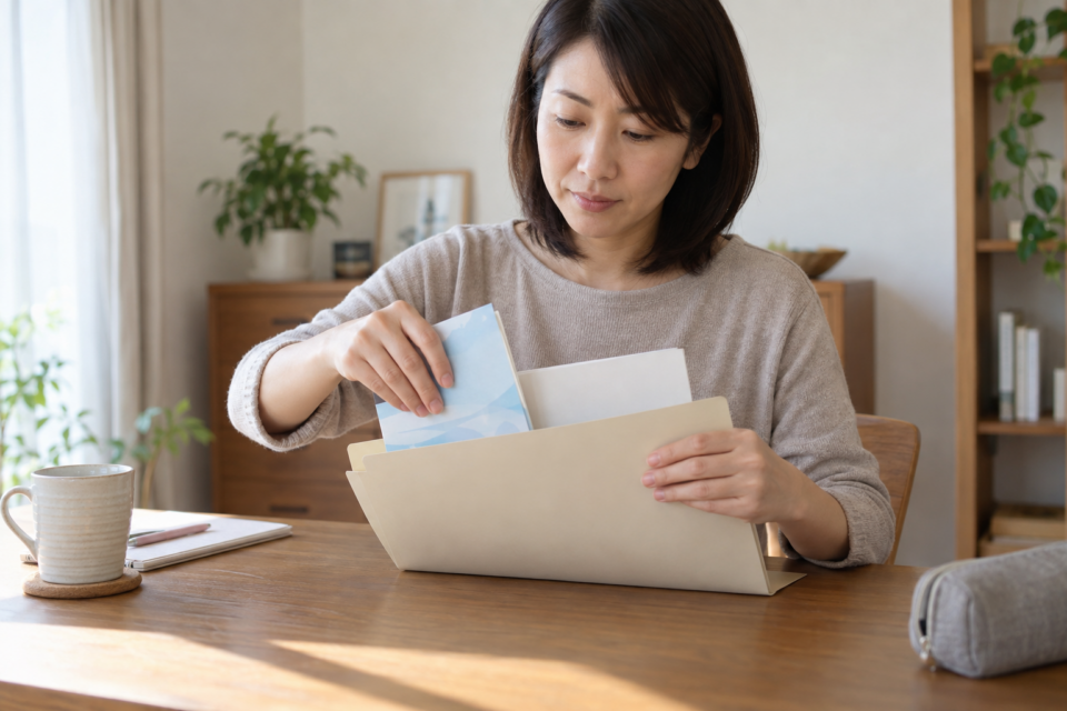 お薬手帳と相談用の資料を用意する場面