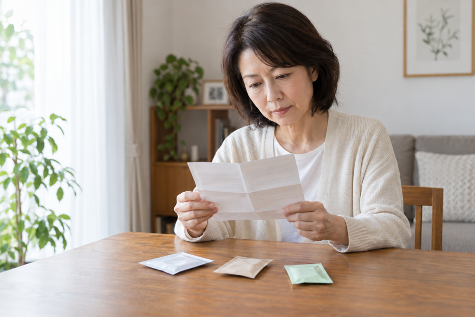 包装と説明書を並べ、製品の違いを確認する場面