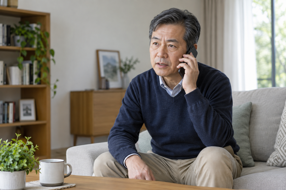 突然の異変があるときに電話で連絡する場面