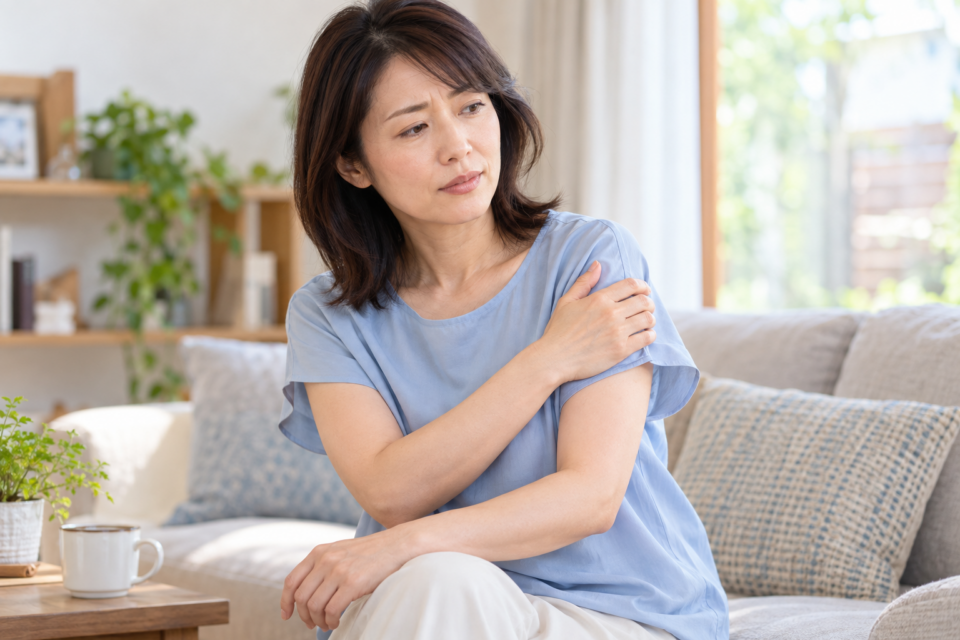 肩と腕の付け根の違和感を気にする女性のイメージ