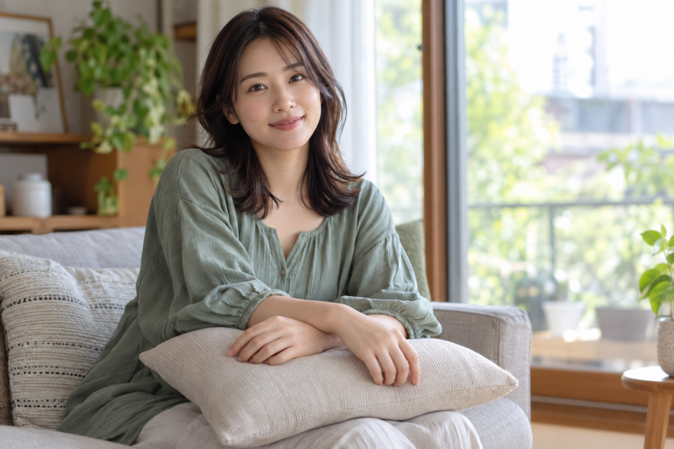 前腕をクッションで支えて休む女性のイメージ