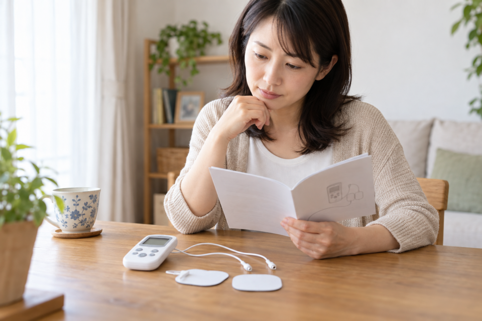 電気パッドを使う前に説明書を読む女性のイメージ