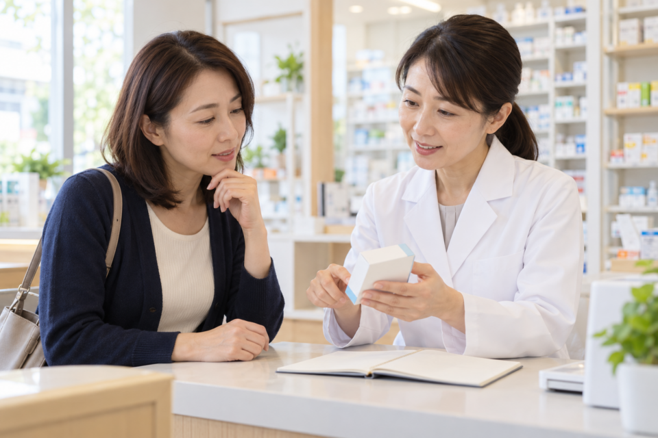 薬を選ぶ前に薬剤師へ相談する女性のイメージ