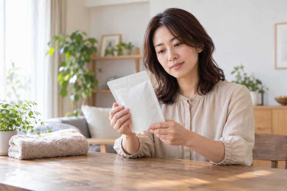 入浴剤の袋の表示を確認する女性のイメージ