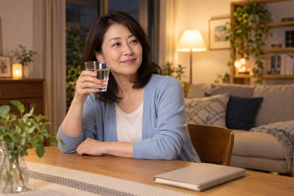 自宅で水を飲みながら休息する女性のイメージ