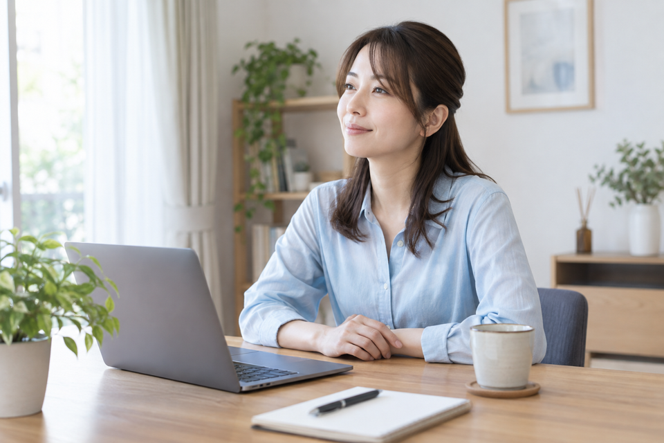 机に前腕を置いて作業を休む女性
