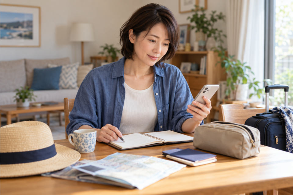 旅行前にスマートフォンと手帳で情報を整理する女性のイメージ