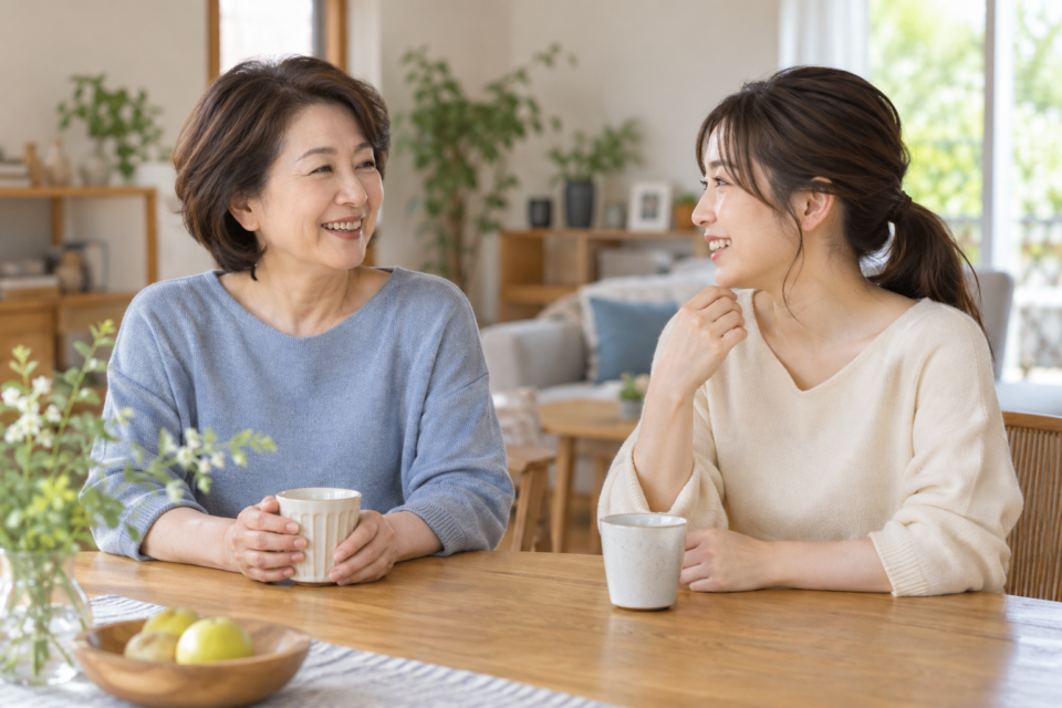 自宅で健康について穏やかに話す母親世代と娘世代の女性