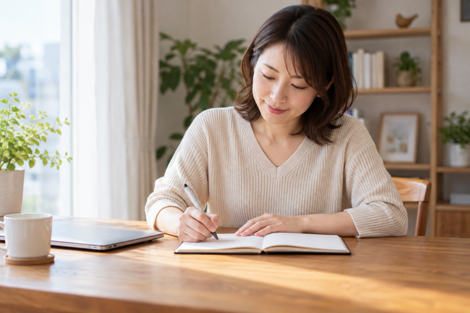 肩の症状を相談するためノートに記録する女性