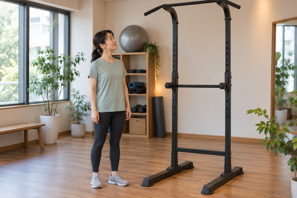 ぶら下がり器具の横で運動前の準備をする女性