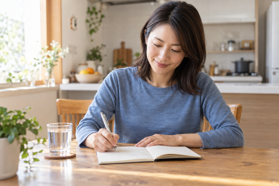 運動後の体調をノートに記録する女性