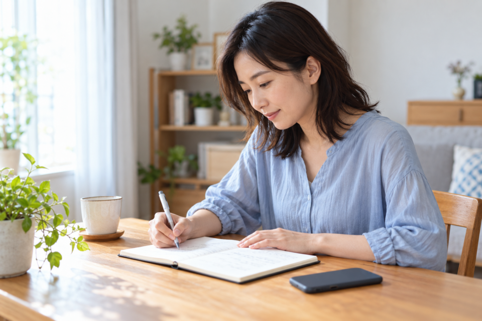 体調の変化をノートに記録する女性