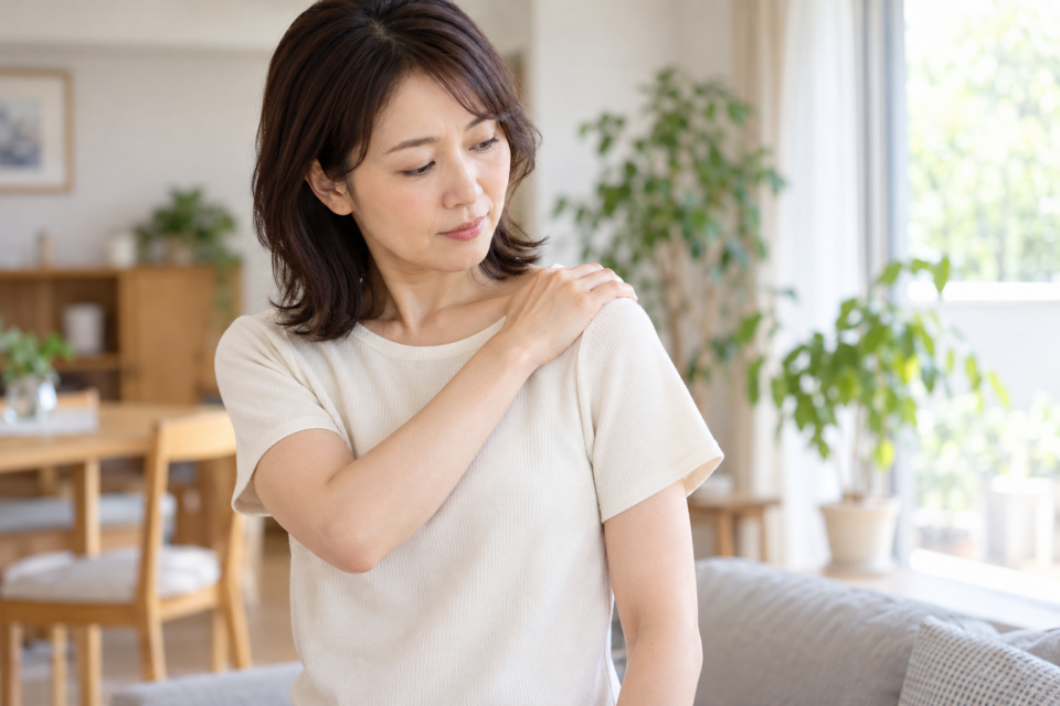 肩の音や違和感を気にする女性のイメージ