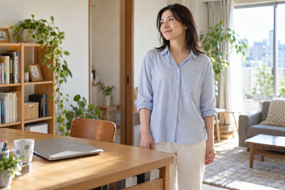 デスク作業を中断して腕を楽にして立つ女性のイメージ