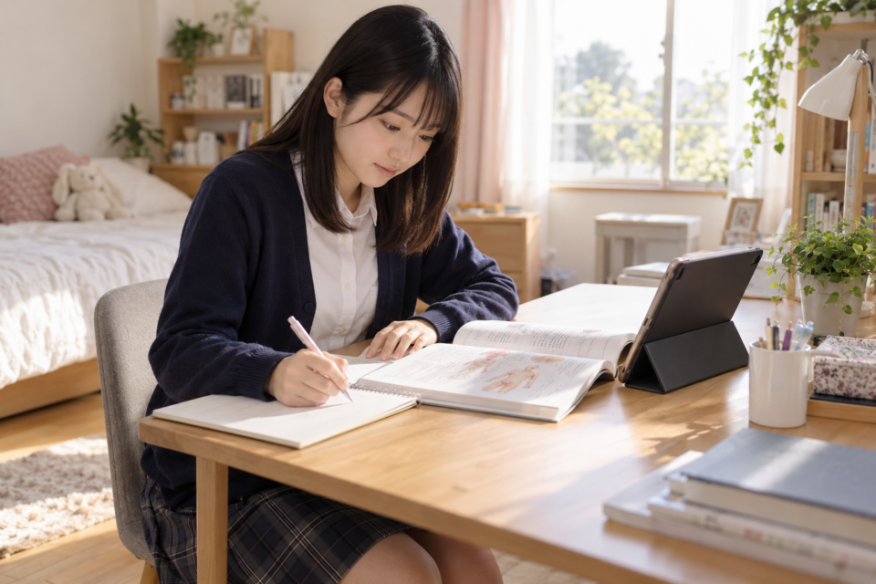 教科書とタブレットを使って家庭学習をする高校生