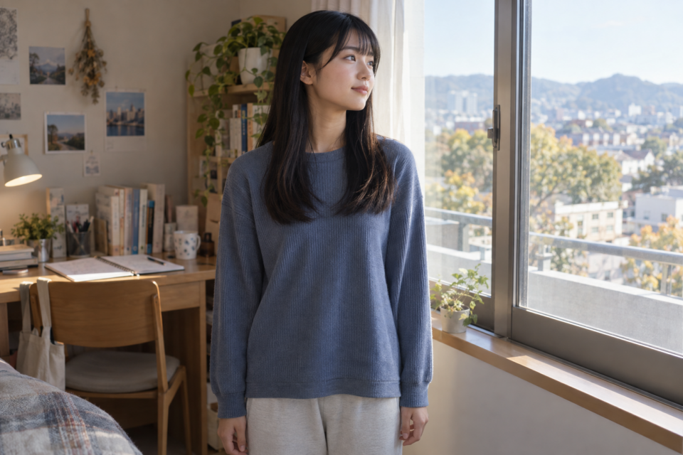 勉強の休憩に席を離れ窓の外を見る高校生