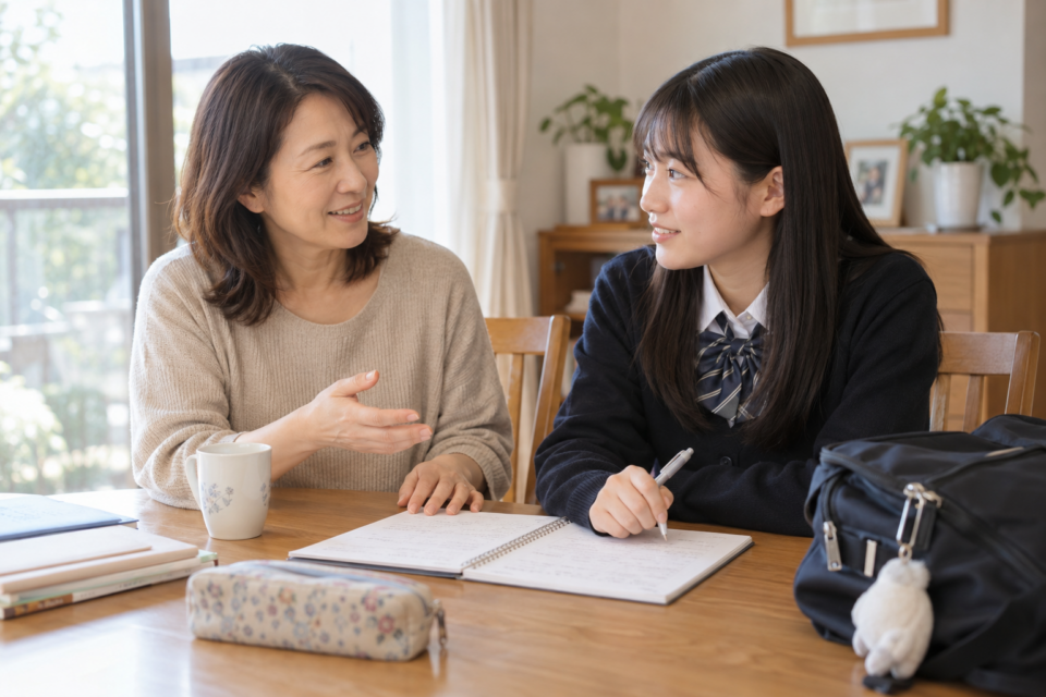 学習中の困りごとについて保護者と話す高校生
