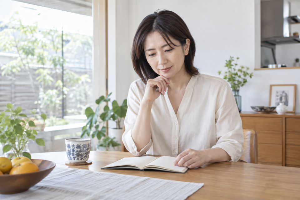 日常の体調についてノートを見ながら振り返る女性