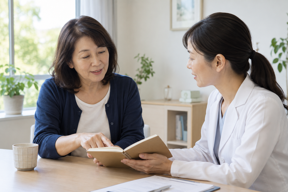 身体の感覚と生活の変化をメモで伝える女性