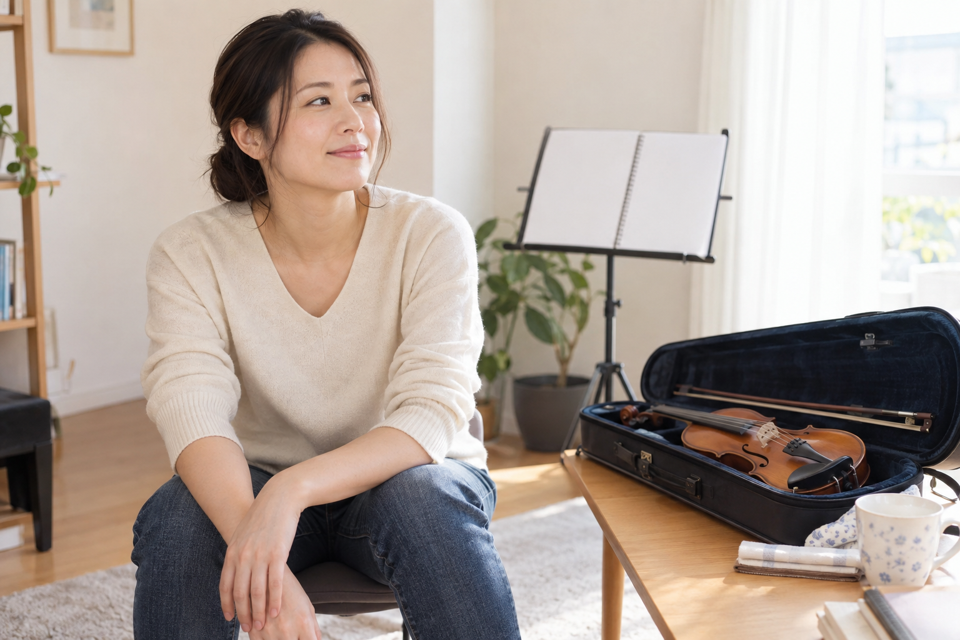 ヴァイオリンをケースに置き練習の休憩を取る女性