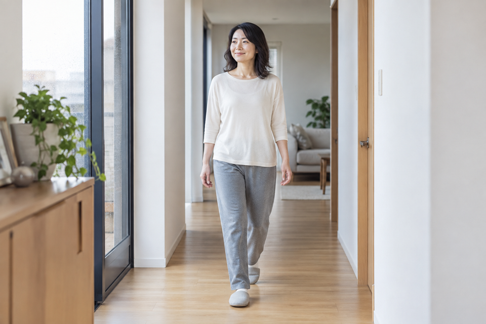 雨の日に物のない室内通路をゆっくり歩く女性