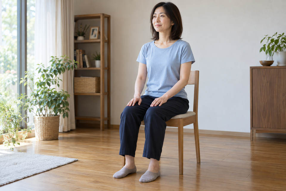 椅子に座り手を太ももに置いて呼吸を整える女性