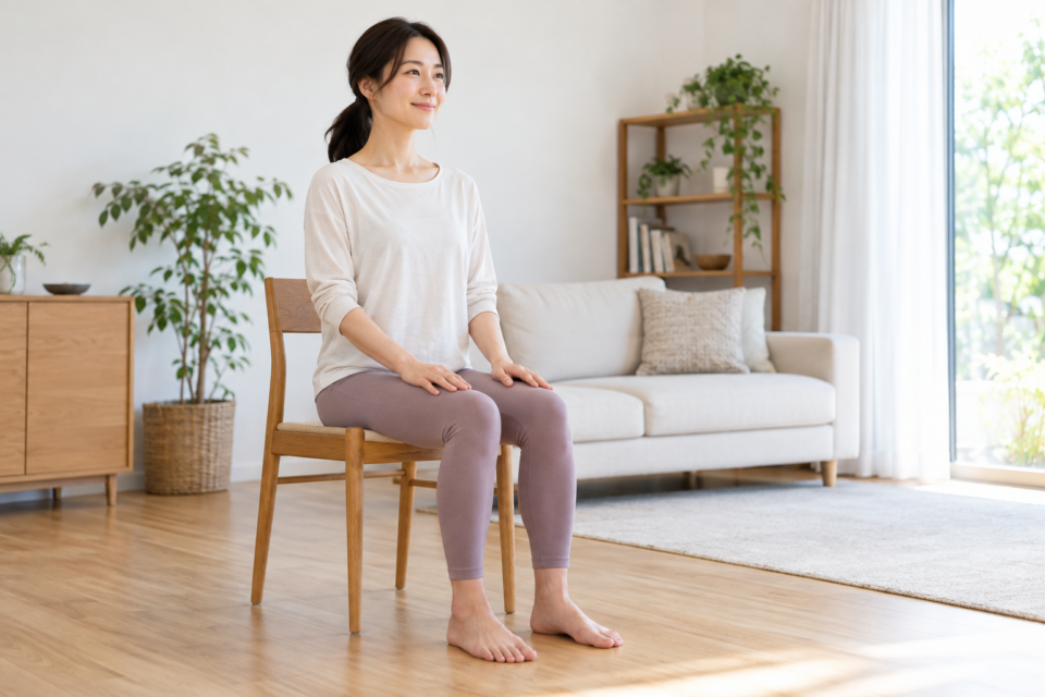 安定した椅子に座り、足裏を床につけてヨガの前に呼吸を整える女性
