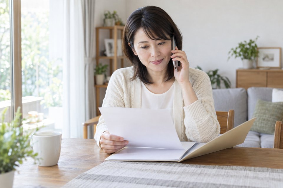 書類を確認しながら電話で相談する女性