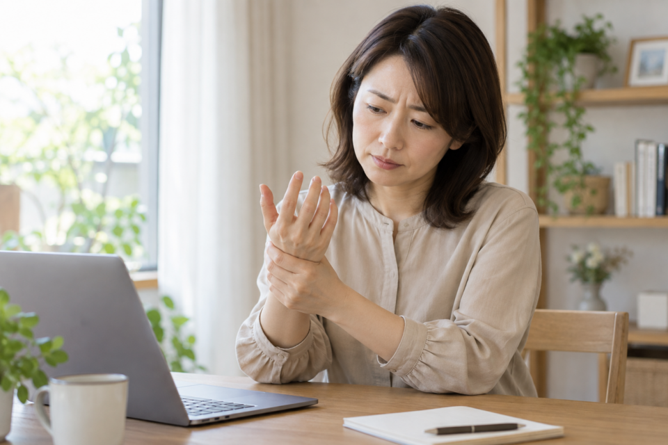 手の違和感を確認する女性(AI生成イメージ)